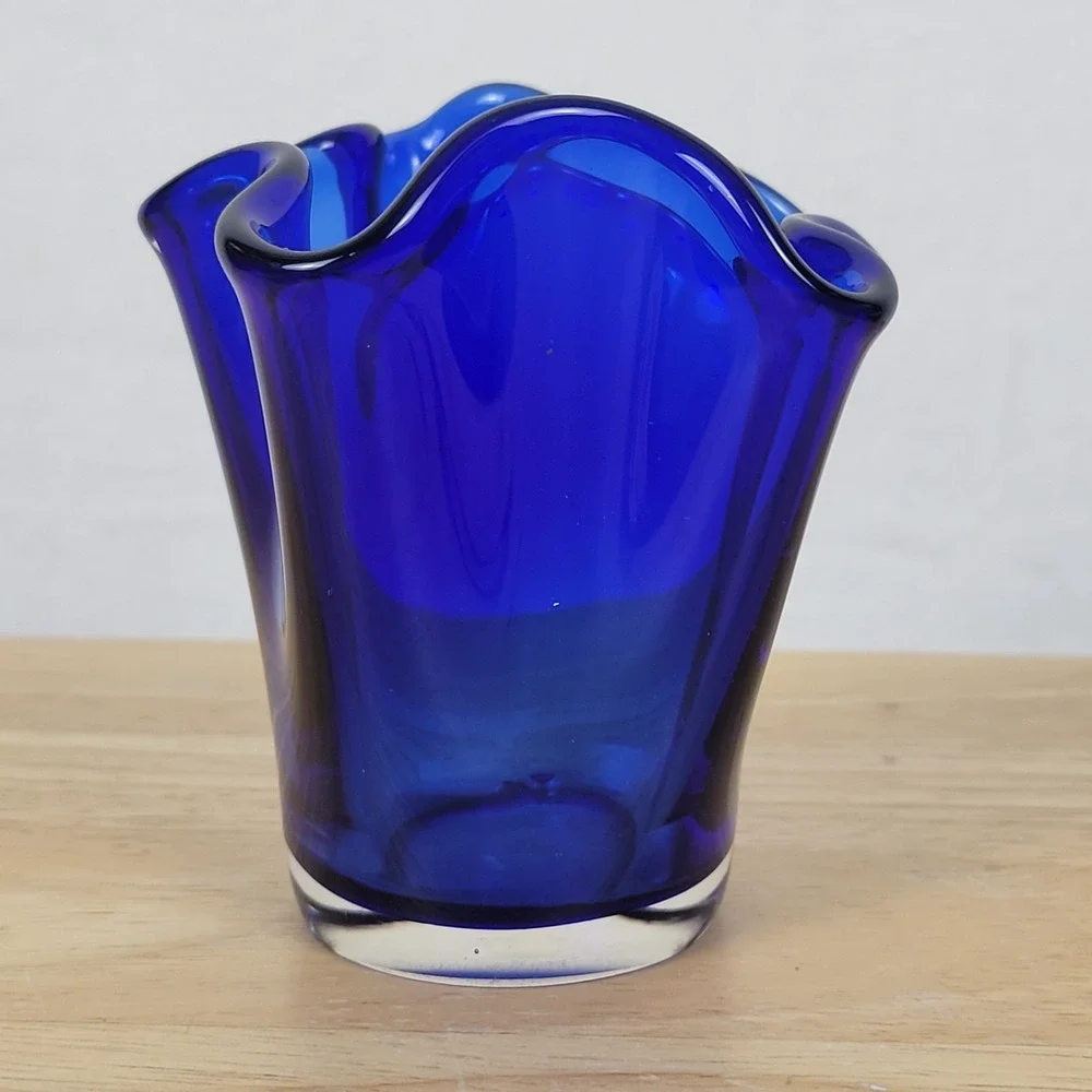 Vintage Cobalt Blue Art Glass Handkerchief Vase Hand Blown Mid Century Style